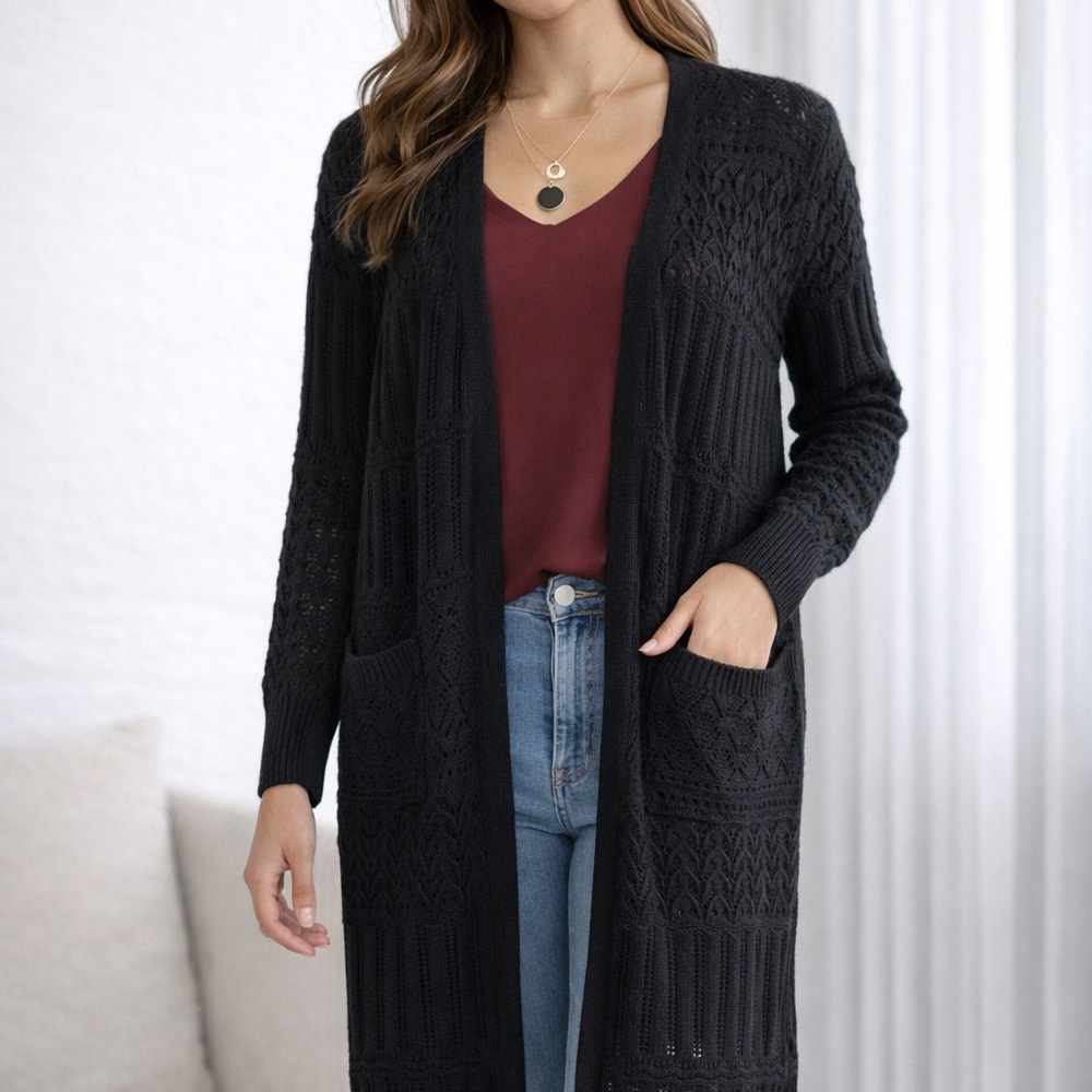 Chic Black Long Knit Cardigan – New With Tags